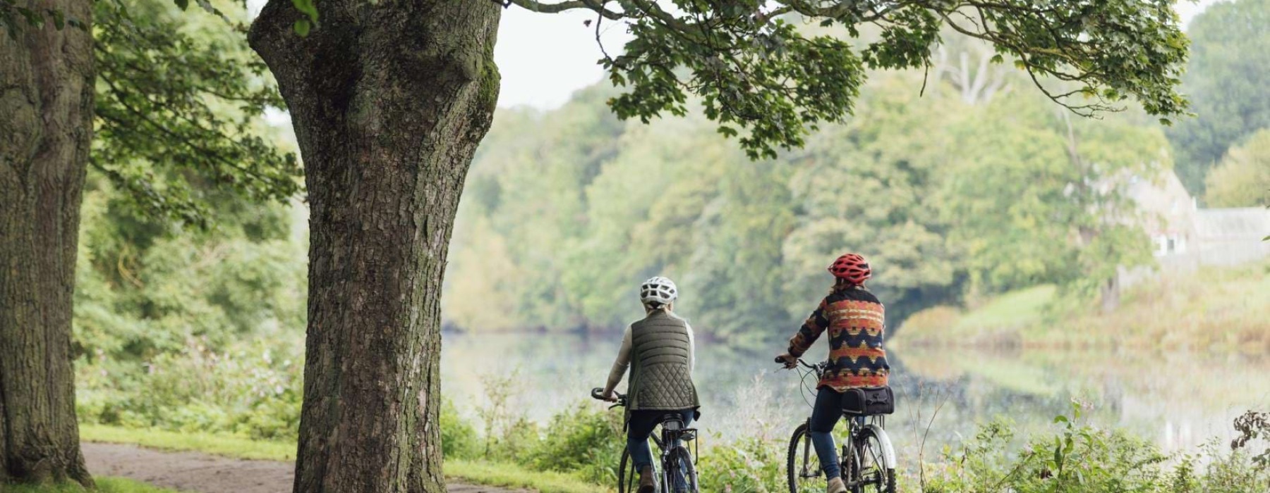 two people riding bikes