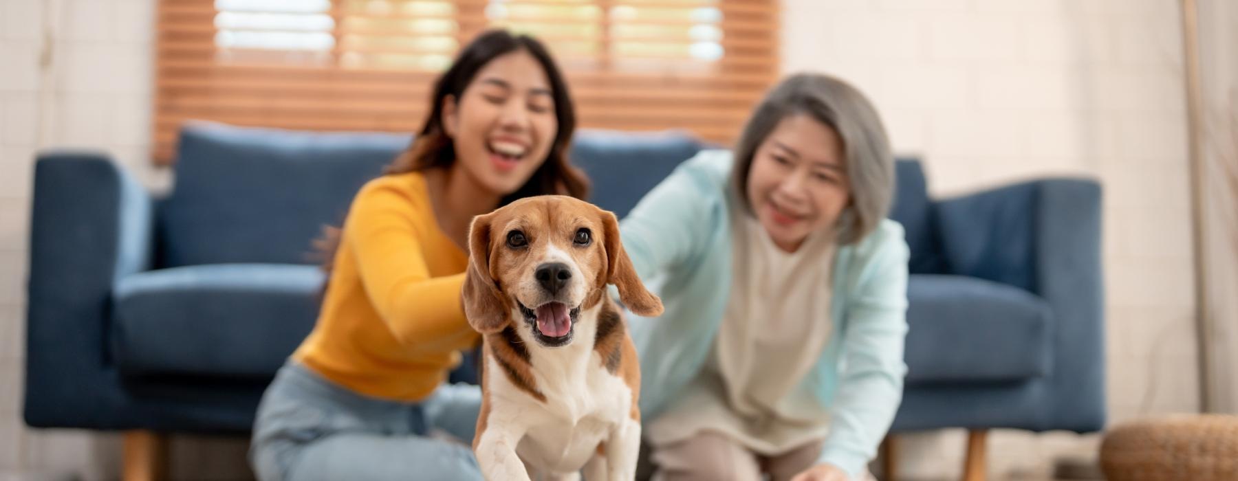 a couple of women sitting on the floor with a dog