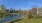 a pond with grass and trees by it and buildings in the background