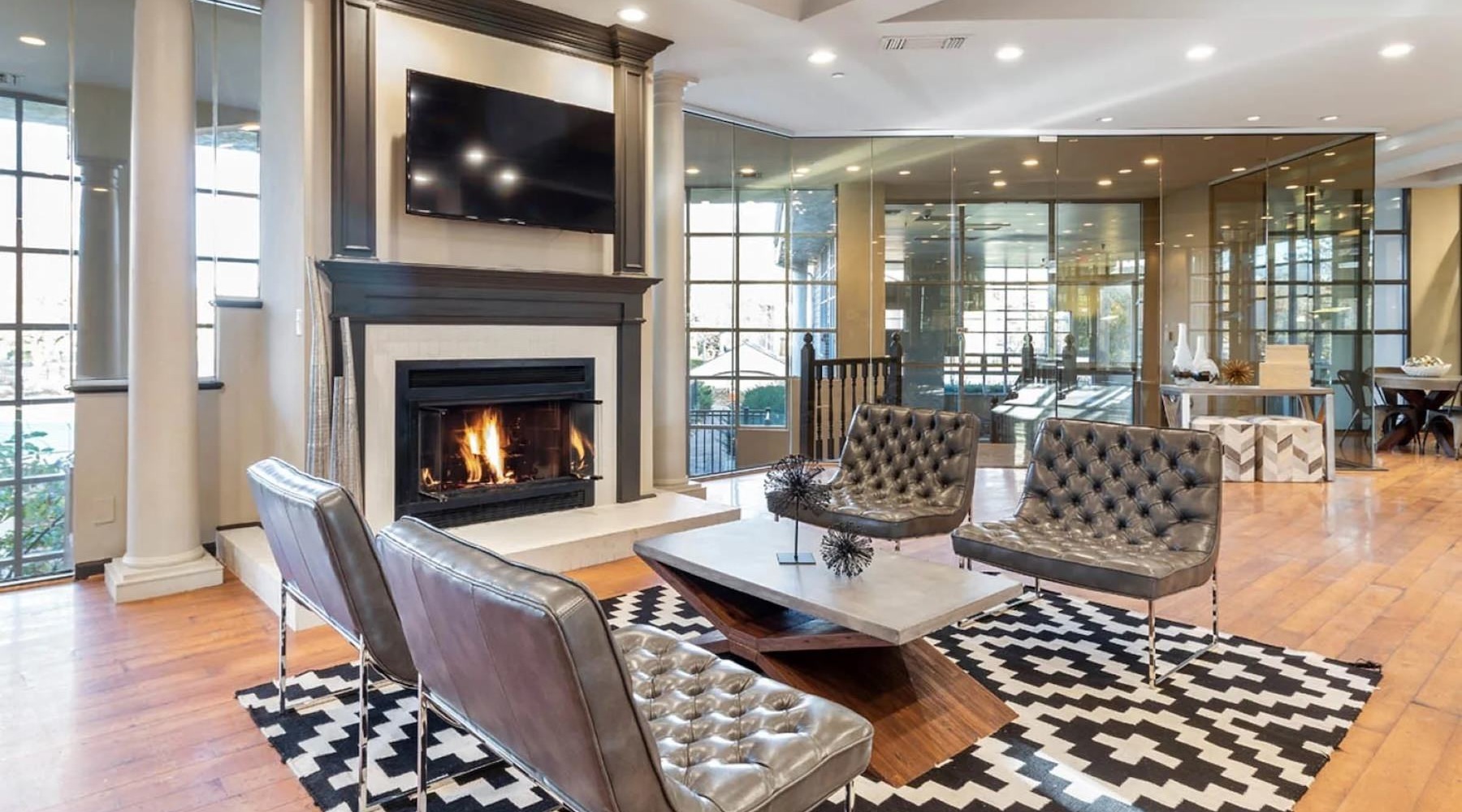 Access to resident only features lounge with tv seating and fireplace