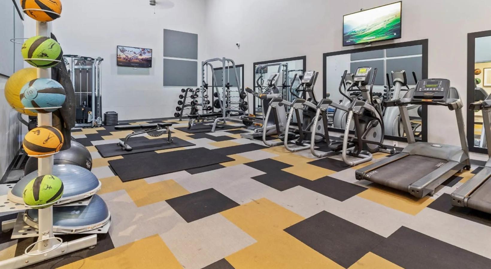 Access to resident-only features a gym with exercise equipment